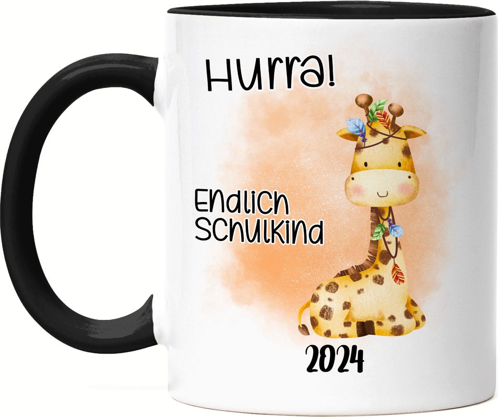 Endlich Schulkind 2024 Giraffe Tasse Schwarz Einschulungs-Geschenk Erstklässler Schulanfang