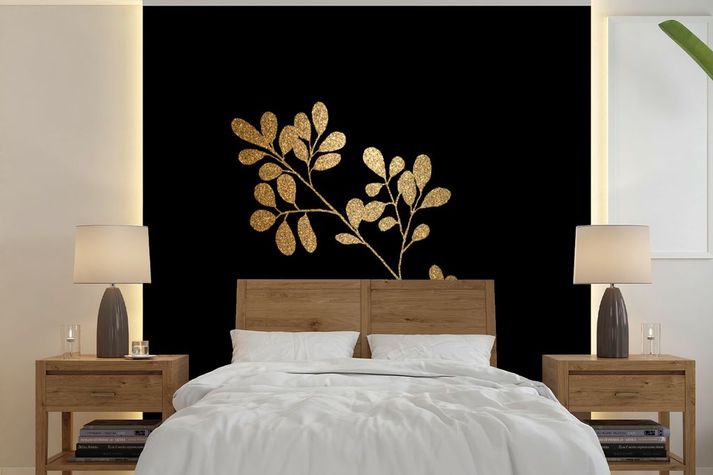 MuchoWow Fototapete für Wohnzimmer oder Schlafzimmer Wandtapete Vinyl Motivtapete Gold - Pflanze - Blätter - 300x300 cm - Wanddekoration