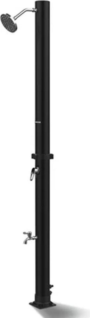 A black outdoor shower with a shower head and two faucets, shown against a white background.