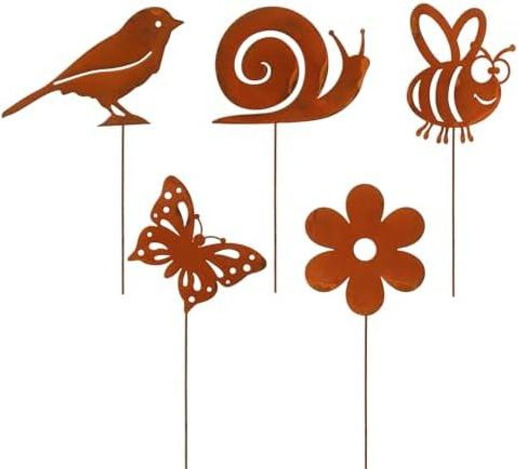 Gartendeko Rost,5 Stück Gartenstecker Metall,Rostdeko Gartendeko,Edelrost Deko Garten,Metall Rost Deko für Garten Terrasse Balkon Blumentopf