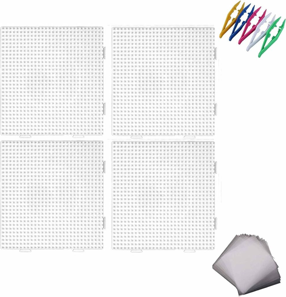 4 Große Bügelperlen Platten Transparent Quadratische Steckplatten (14.7x14.7cm) Set mit 5 Pinzetten 10 Bügelpapier Ideal für Bügelperlen Vorlagen