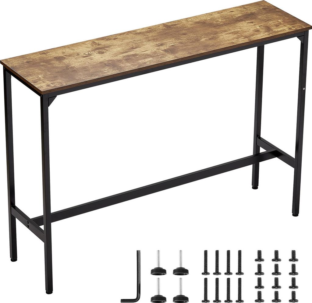 A tall, narrow bar table with a wood-grain top and black metal legs, shown with assembly hardware.