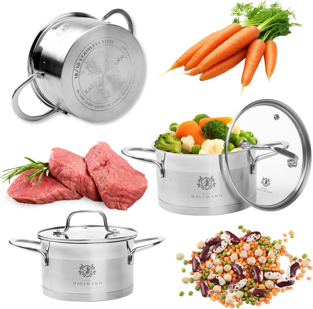 A collage of kitchen items including pots, meat, vegetables, and beans.