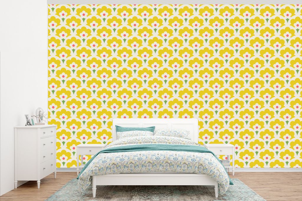 MuchoWow Fototapete für Wohnzimmer oder Schlafzimmer Wandtapete Vinyl Motivtapete Design - Retro - Siebziger Jahre - Gelb - 345x220 cm - Wohnzim...