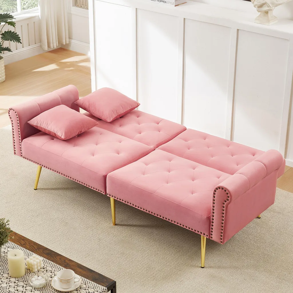 Canapé Convertible 2 Places Compact en Velours Rose : Confort Idéal