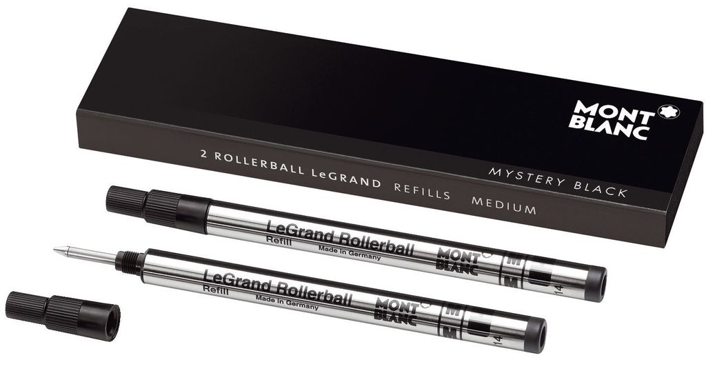 A box of Montblanc rollerball refills and two refills are shown.