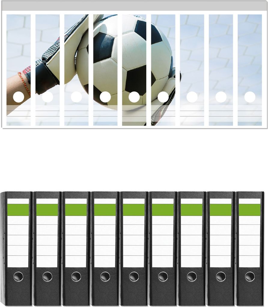 Wallario 9 Stück breite Ordner inkl. Klebeetiketten mit Motive Fußball - Torwart im Tor vor blauem Himmel - Set mit Rückenschildern / Ordnerrü...