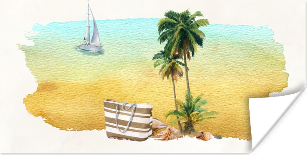 MuchoWow Poster Strand - Boot - Tasche - Palme 80x40 cm - Wanddeko