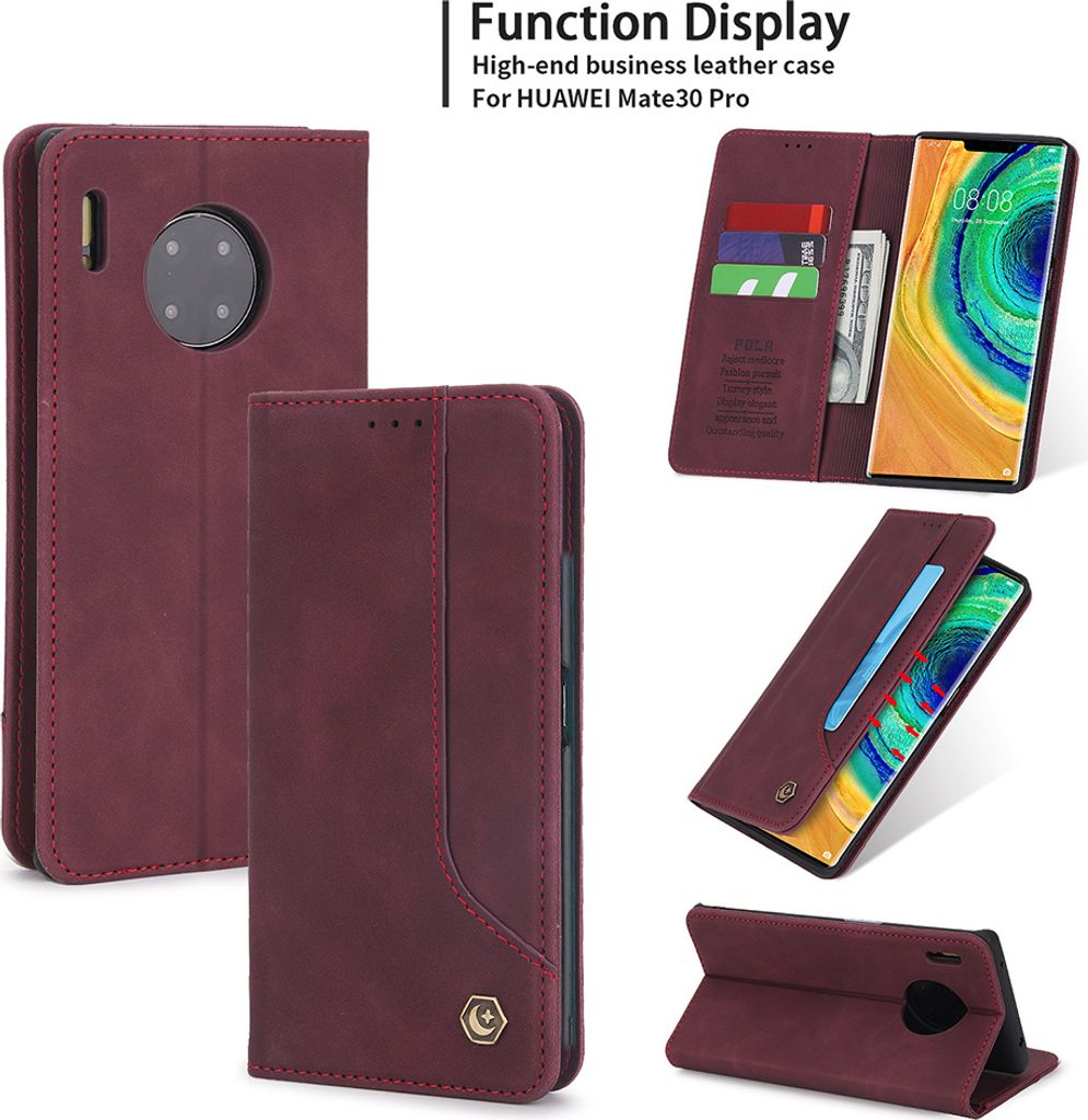 Huawei Mate 30 Pro Hülle, LaimTop Retro Kunstledertasche Schutzhülle mit Kartenfach Standfunktion für Huawei Mate 30 Pro Rot
