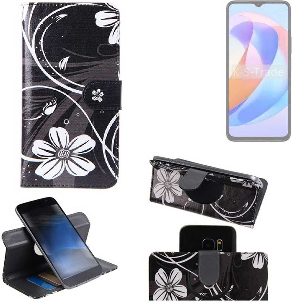 K-S-Trade Schutzhülle Handyhülle kompatibel mit Honor Play 40S 5G Hülle 360° Wallet Case “Flowers“ Klapphülle Hülle schwarz-weiß 1x