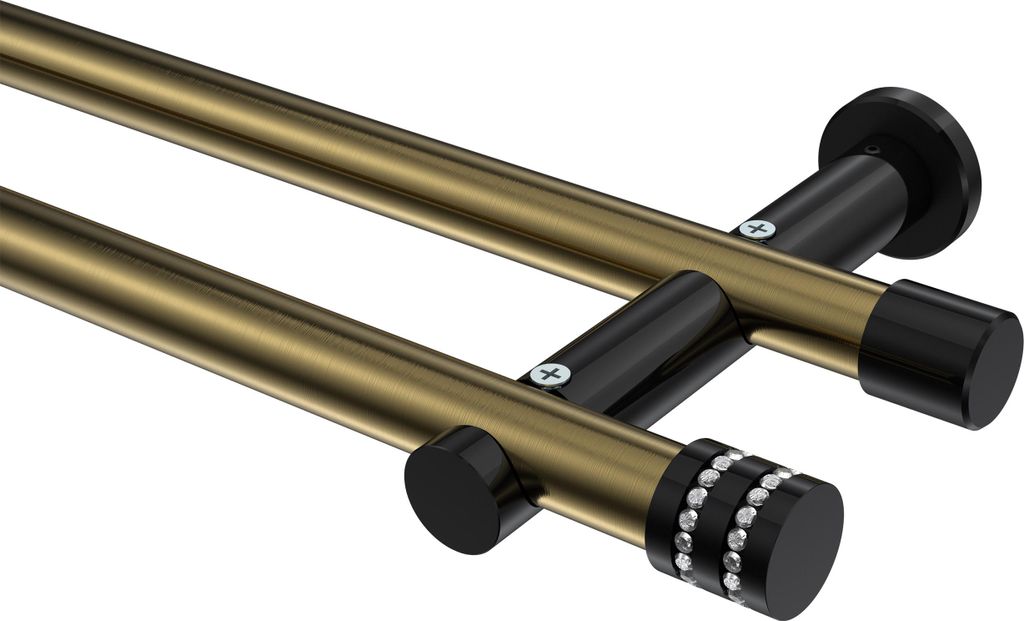 Interdeco Gardinenstange / Vorhangstange Messing Antik / Schwarz, Typ Platon Estana (Glitzerkappe) ohne Ringe, 20 mm Ø 2-läufig, 140 cm