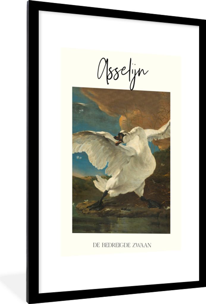 MuchoWow Gerahmtes Poster Der bedrohte Schwan - Jan Asselijn - Kunst 60x90 cm - Poster mit Schwarzem Bilderrahmen Wandposter Rahmen Foto Bilder -...