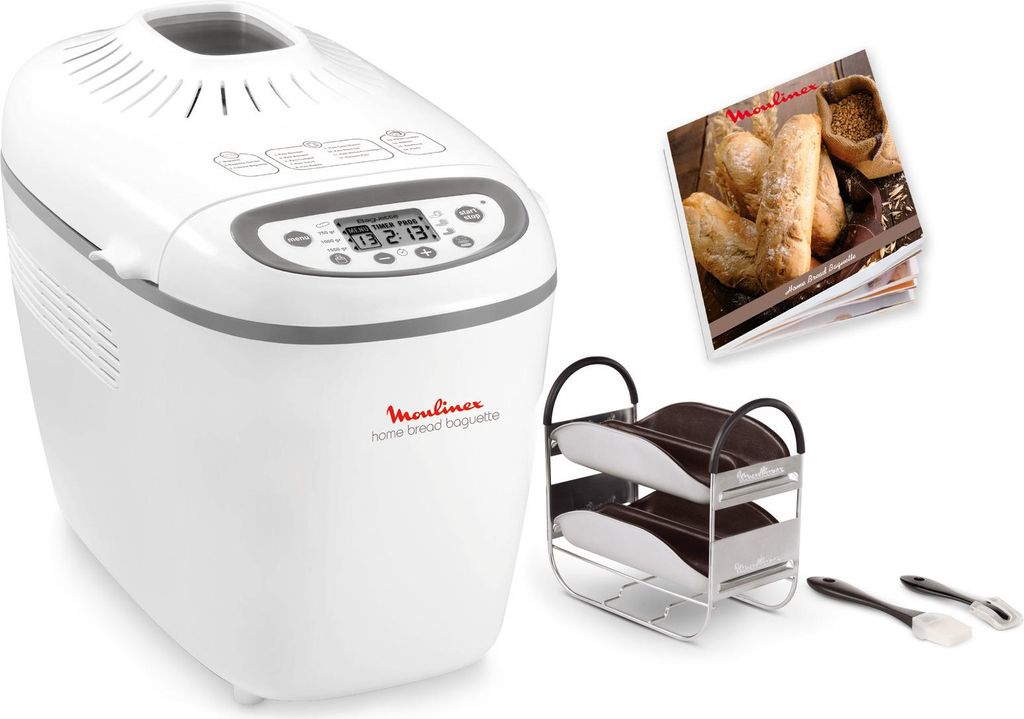 A white bread maker with accessories and a booklet are displayed on a white background.