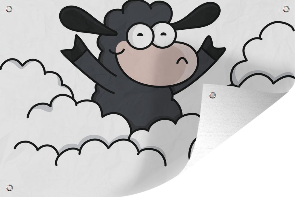 MuchoWow 80x60 cm Outdoor-Poster Gartendeko Sichtschutz Garten Poster für den Garten Eine Illustration eines schwarzen Schafes in den Wolken