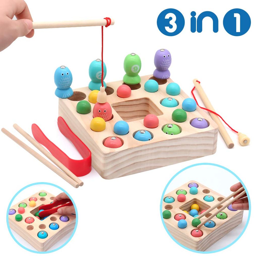 3 in 1 Kinder Holzspielzeug Angelspiel Montessori Lernspielzeug Magnettafel 