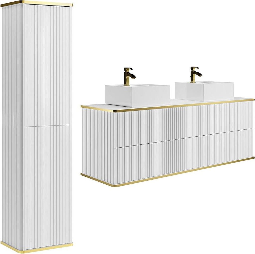 Waschbeckenunterschrank hängend mit quadratischem Aufsatzwaschbecken und Säule - Streifenoptik - Weiß - 150 cm - KELIZA