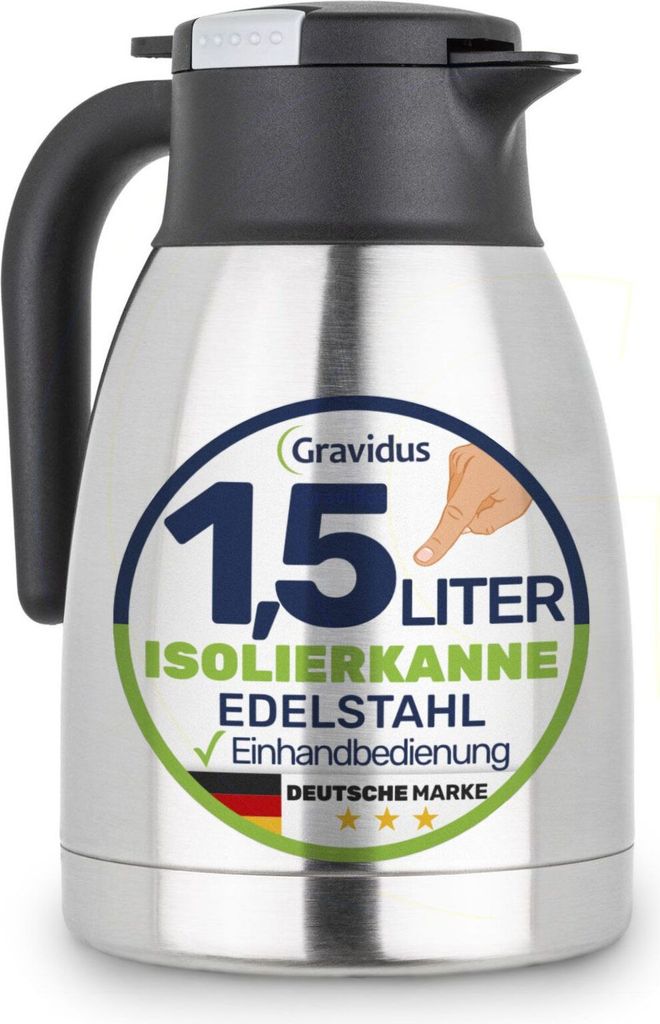 A stainless steel insulated carafe with a black lid and handle, featuring a prominent circular label with product details.