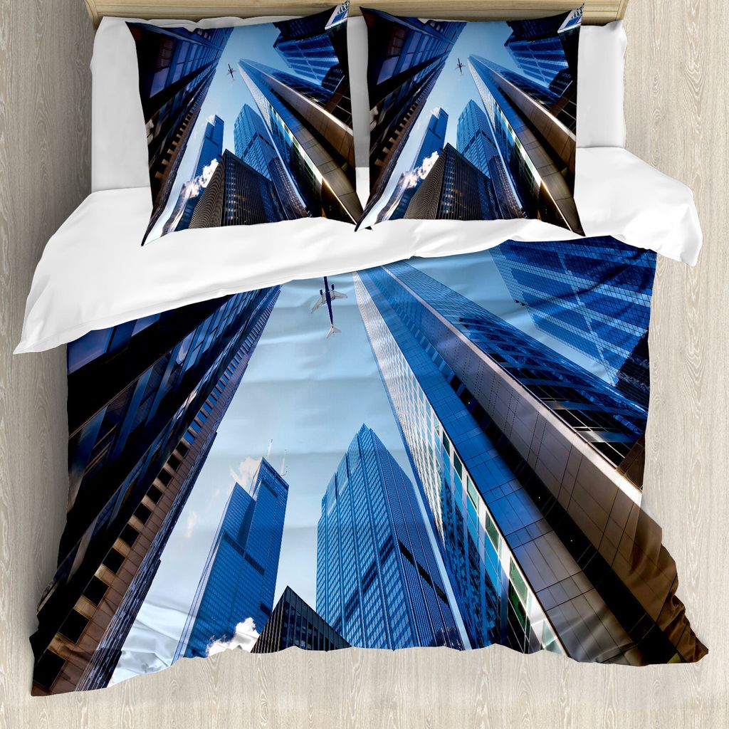 ABAKUHAUS Städtisch Bettbezug, Amerikanische Stadt-Landschaft, Milbensicher Allergiker geeignet mit Kissenbezügen, 155 cm x 220 cm - 80 x 80 cm, ...