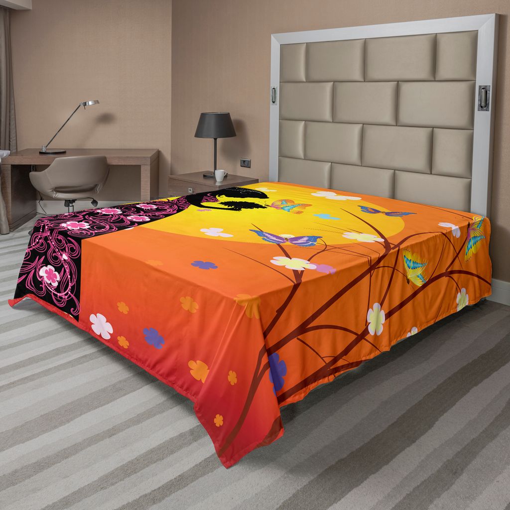 ABAKUHAUS Feminin Bettlaken, Blumen Schmetterlinge Und Von Mädchen In Blumen Kleid Bouquet Fantasy Art, weiches bequemes oberes Bettlaken für ein...