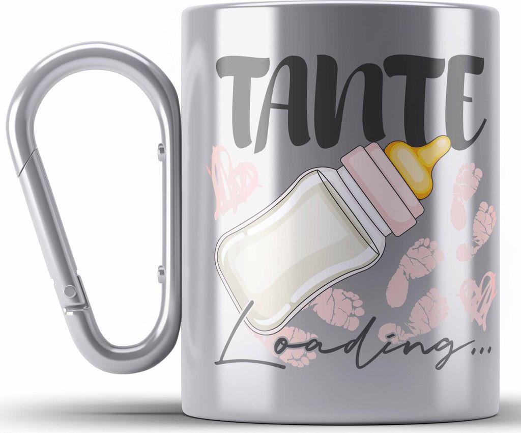 Trendation - Tante Loading Edelstahl Tasse Karabiner Werdende Tante Schwangerschaft Ankündigung Schwester (Silber)