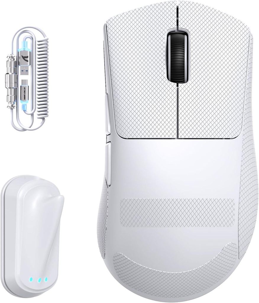Wireless Gaming Maus V8, 59g Ultraleicht, PAW3950MAX Sensor 42.000 DPI, Dual 8000Hz, Nordic 54L15 Chip, Haiflossen-Dongle, 2.4G/BT/Kabel