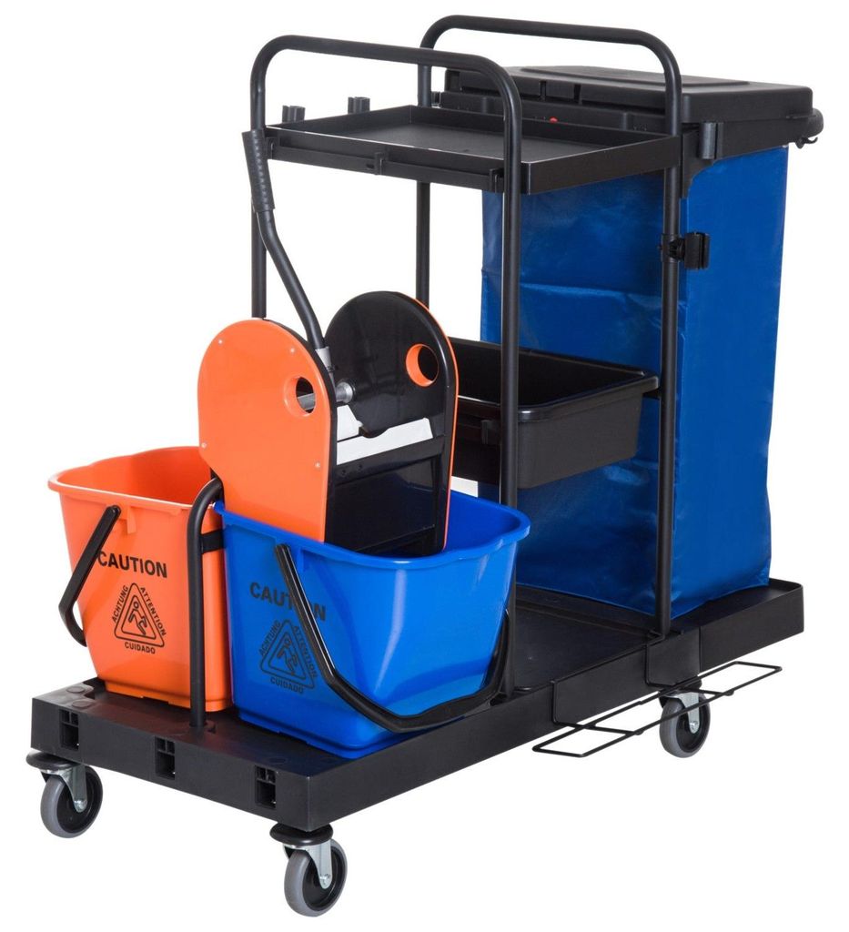 Reinigungswagen Putzwagen mit 4 Rollen, Systemwagen für professionelle Reinigung, Schwarz/Blau/Orange, 111x63,3x103cm