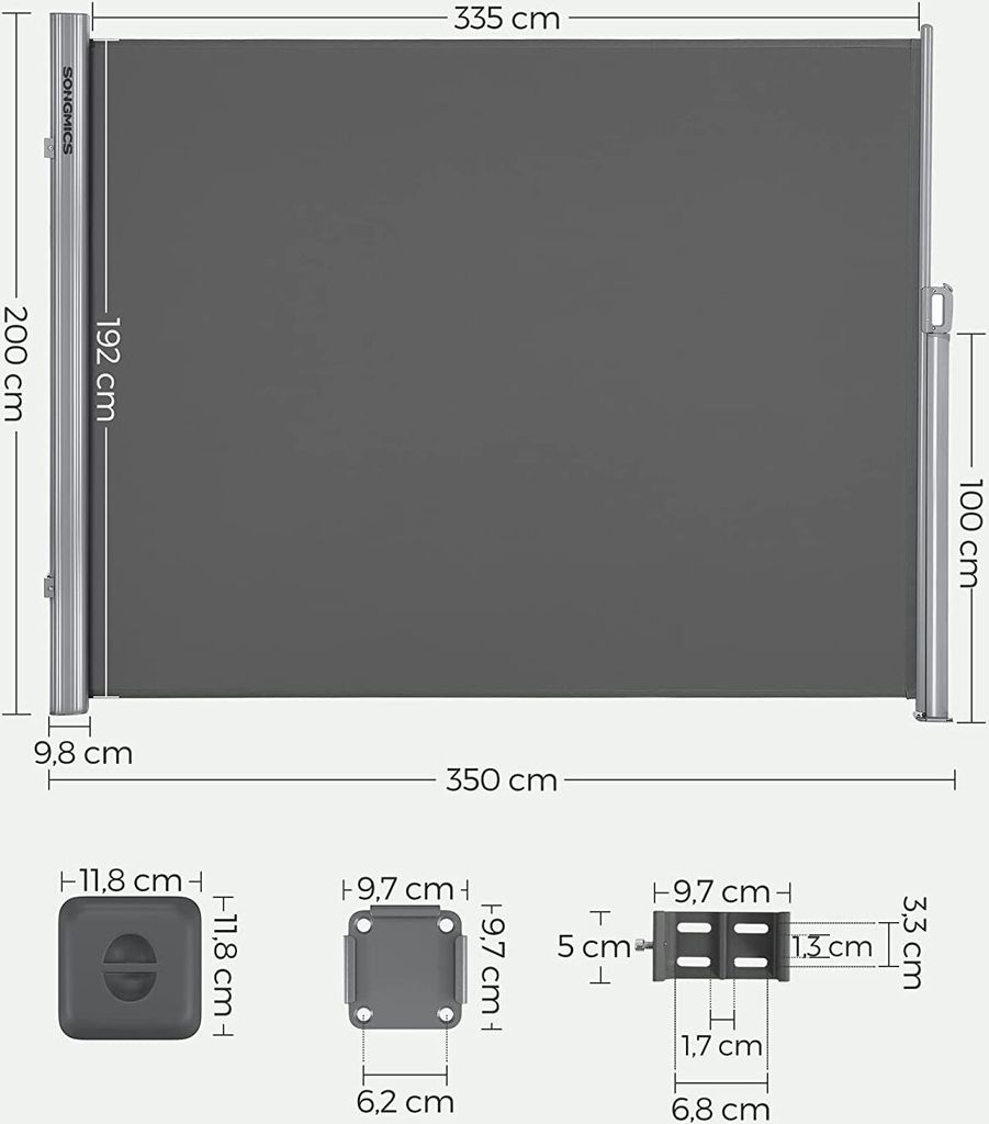 SONGMICS Alu Seitenmarkise 200 x 350 cm 280 g/m² ausziehbar Produktbild 4