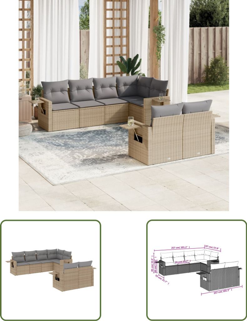 The Living Store 7-tlg. Garten-Sofagarnitur mit Kissen Beige Poly Rattan
