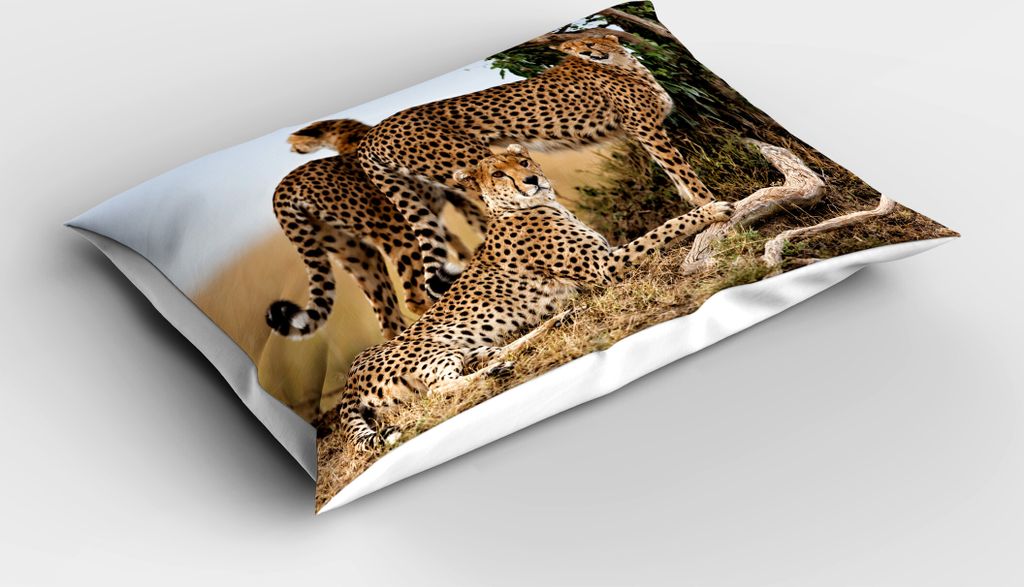 ABAKUHAUS Afrika Kopfkissenbezug, Gepard-Mutter und zwei junges Baby, die nach Lebensmittel-gefährlichen exotischen Tieren suchen, 40x80 cm, Tan S...