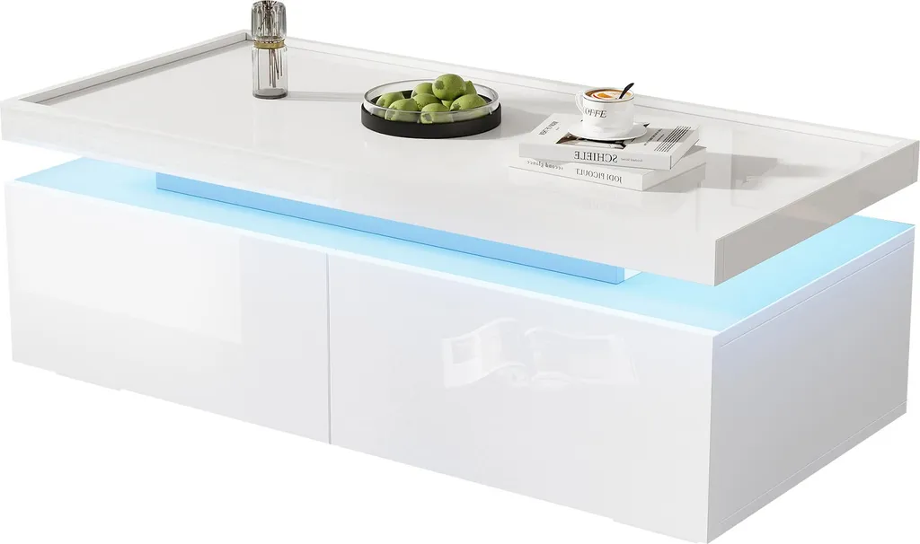 Table basse avec rangement 2 tiroirs LED pour petit salon blanc moderne