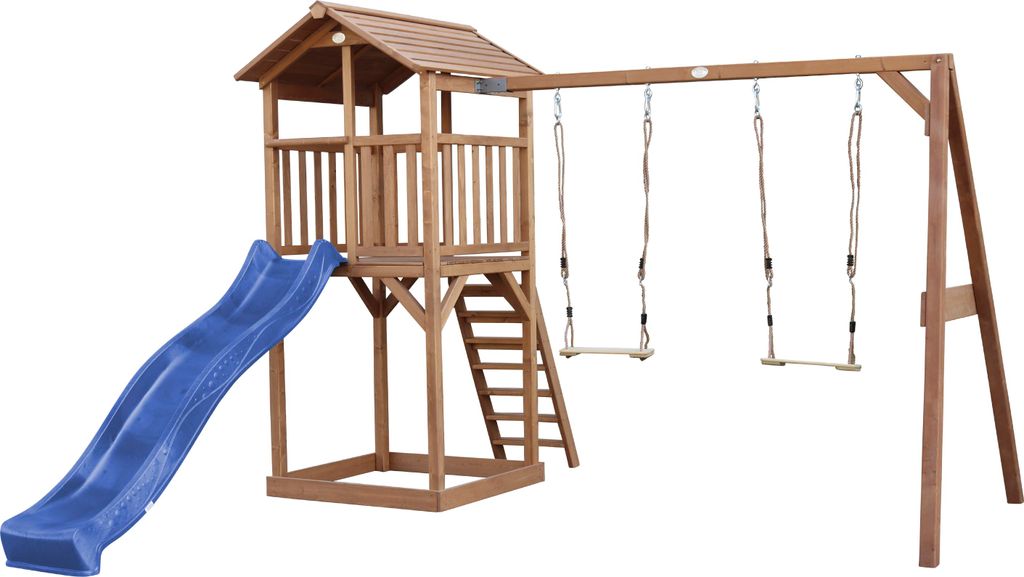 AXI Beach Tower Spielturm aus Holz in Braun | Spielhaus für Kinder mit blauer Rutsche, Doppelschaukel und Sandkasten | Stelzenhaus für den Garten