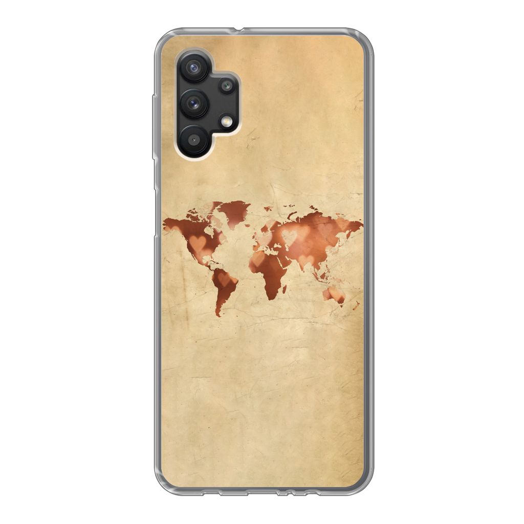 MuchoWow Handyhülle Schutzhülle Hülle für Samsung Galaxy A32 5G Weltkarte - Herz - Braun Silikon Softcase Handy Hülle - Softcase