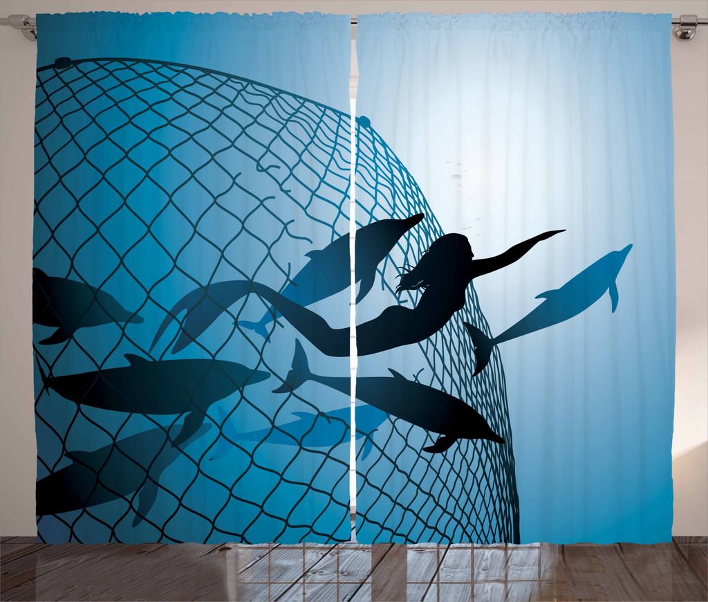 ABAKUHAUS Meerjungfrau Rustikaler Gardine, Flug von Delfinen, Schlafzimmer Kräuselband Vorhang mit Schlaufen und Haken, 280 x 245 cm, Blau
