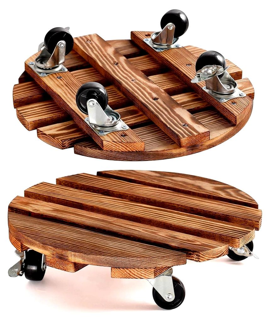 2 Stück Pflanzenroller aus Holz mit Rädern 30 cm 100 kg Rund mit Metall abschließbaren Lenkrollen