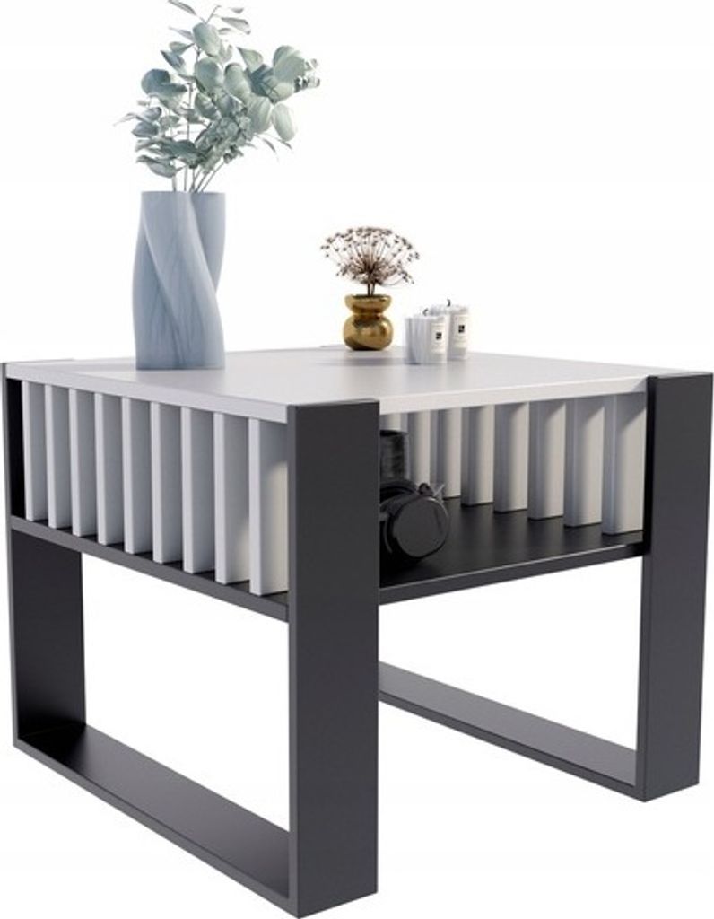 MATAM Moderner Couchtisch IGA Quadratisch, H50 x B60 x T63,6 cm, mit Lamellen im Loft-Stil, funktionales Design, (Weiß-Schwarz)