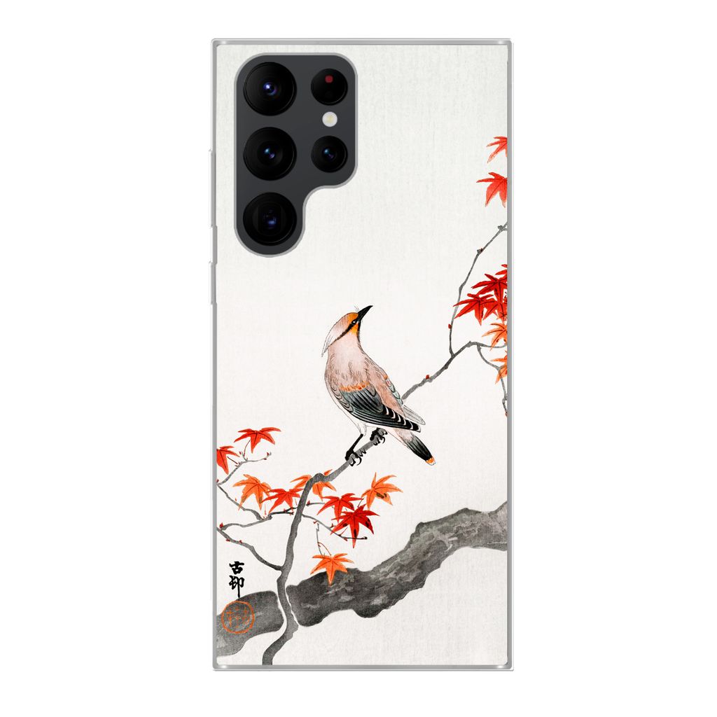 MuchoWow Handyhülle Schutzhülle Hülle für Samsung Galaxy S22 Ultra Japanischer Ahorn - Skandinavisch - Vogel - Zweig Silikon Softcase Handy H...