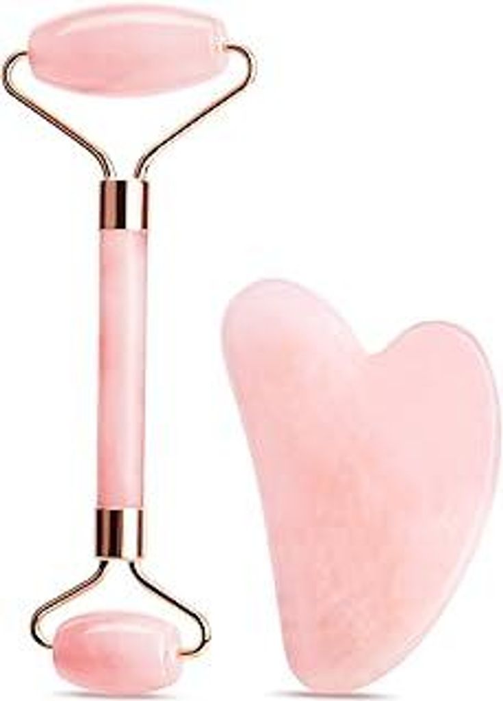 URAQT Gua Sha und Gesichtsroller, Rosa Guasha Stein Gesichtsmassagegerät Skincare, Jade Roller Fördert die Aufnahme, Verbesserung Von Feinen Lini...