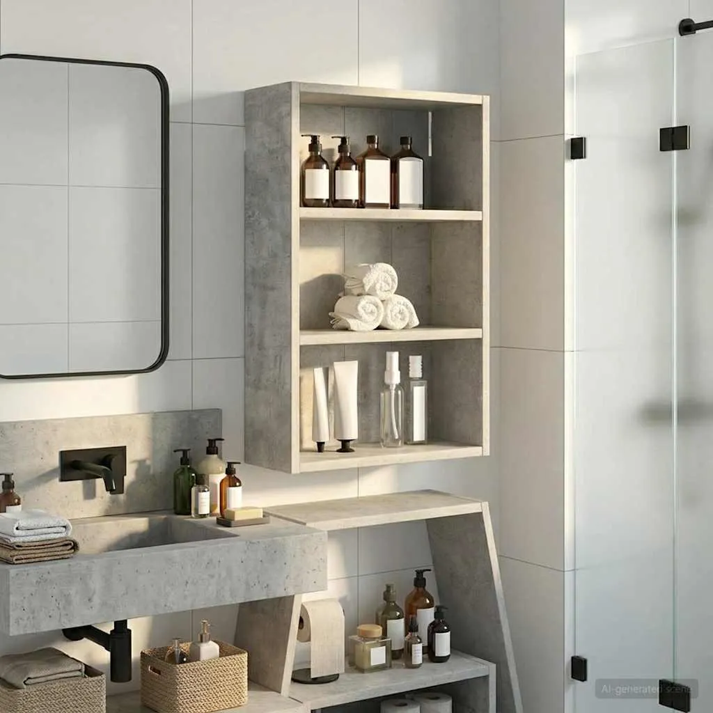 Armoire murale pour gain de place salle de bain gris béton avec étagère