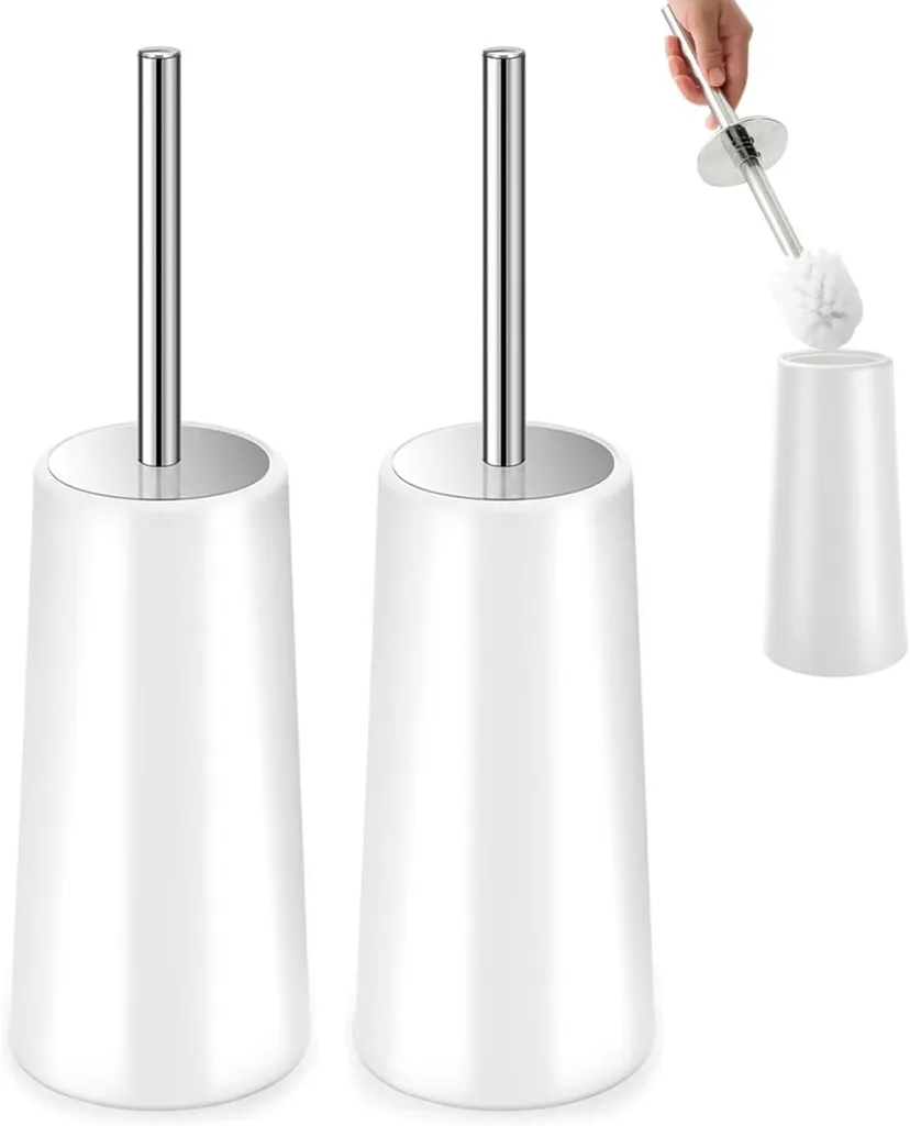 Brosse de WC avec support fermé et manche inox - Lot de 2 blanc moderne