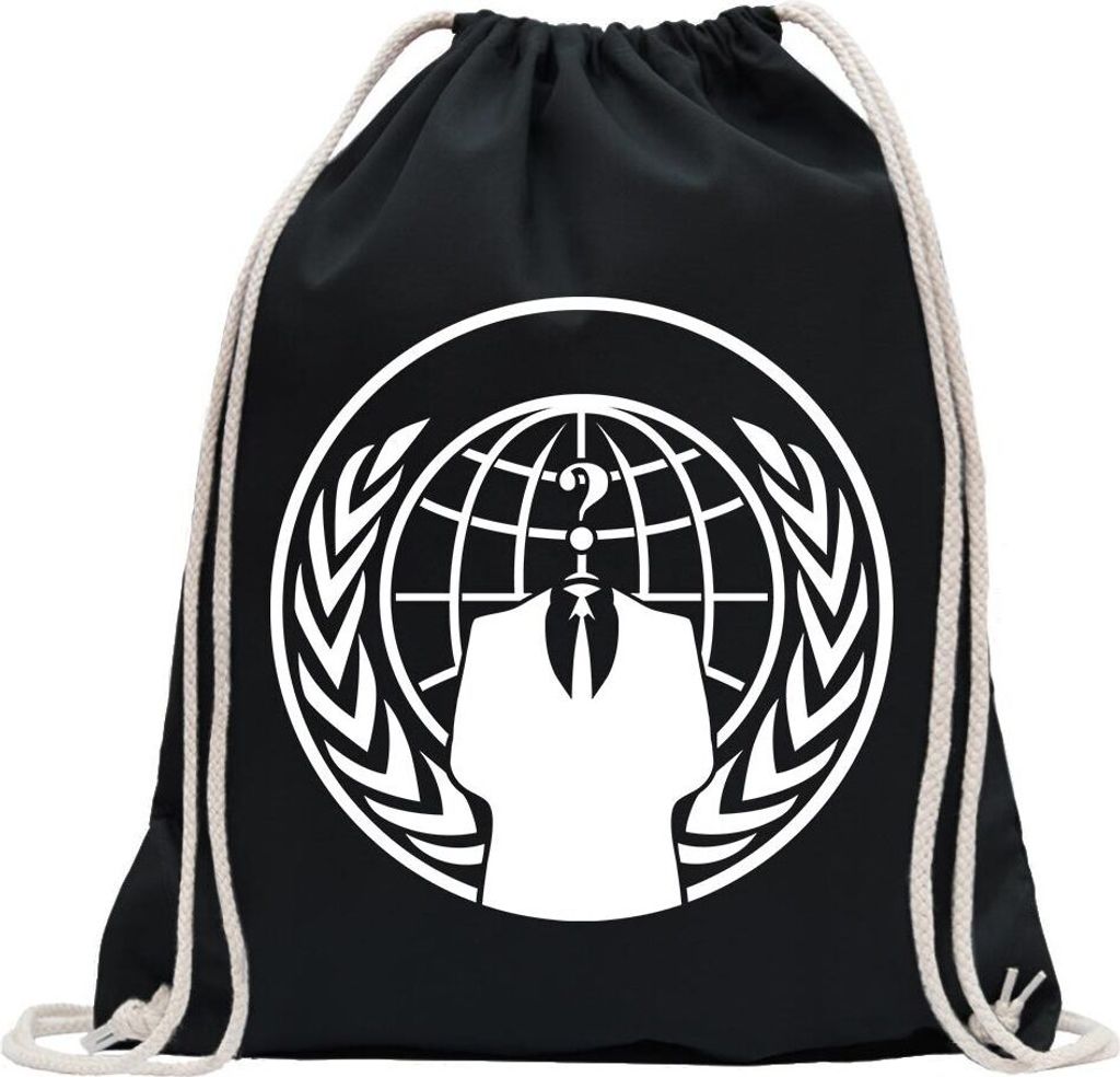 Kiwistar - Turnbeutel - schwarz - Anonymous - Wappen - Anzug - Fun Rucksack Sport Beutel Gymsack Baumwolle mit Ziehgurt