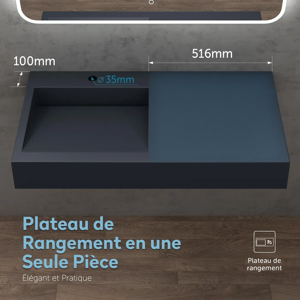 Vasque à Poser Rectangulaire 75 cm en Solid Surface Gris Anthracite