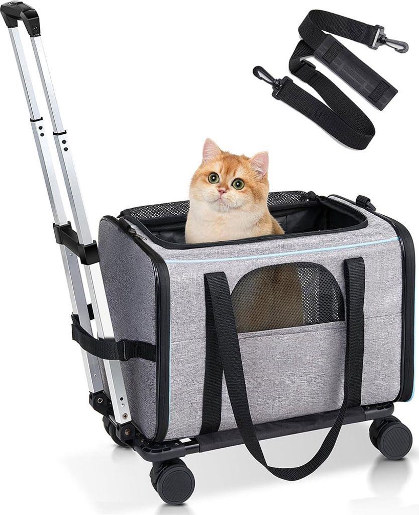 Haustier-Trolley-Tasche, abnehmbarer Rolltraeger fuer kleine Hunde und Katzen, tragbarer Haustier-Reisetraeger mit Teleskopgriff und Schultergurt