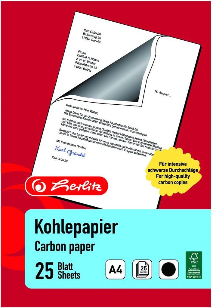 Papier carbone A4 25 feuilles noir, dans boîte pliante Image du produit 