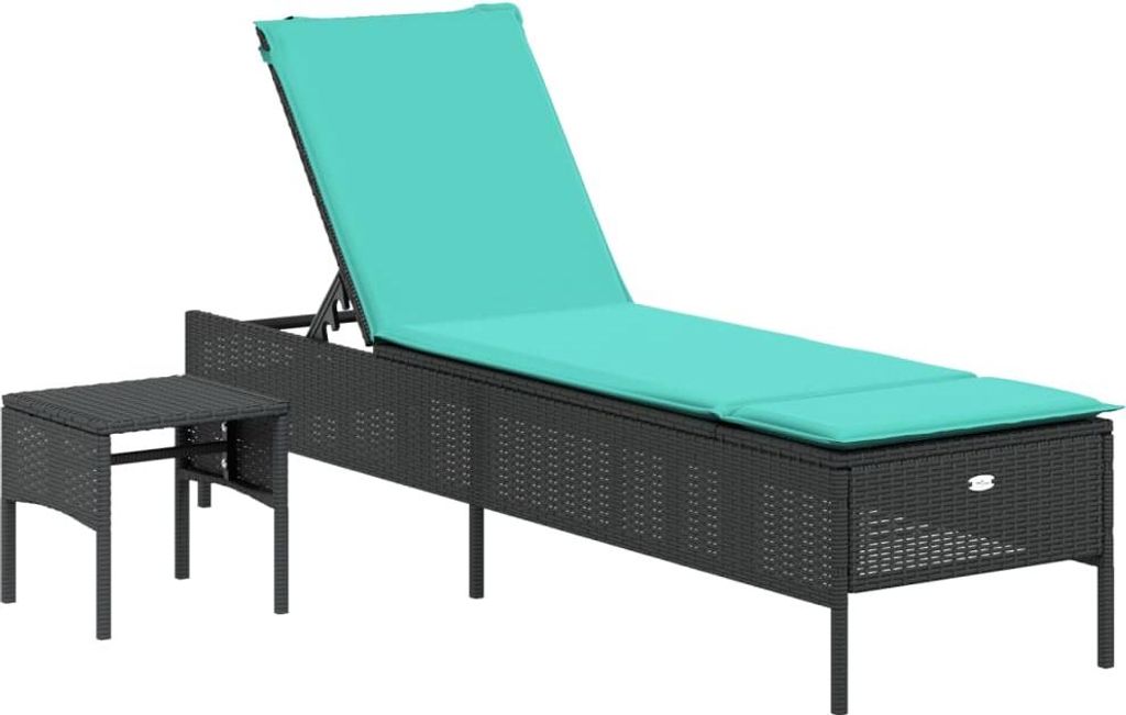vidaXL Sonnenliege mit Tisch und Kissen Schwarz Poly Rattan