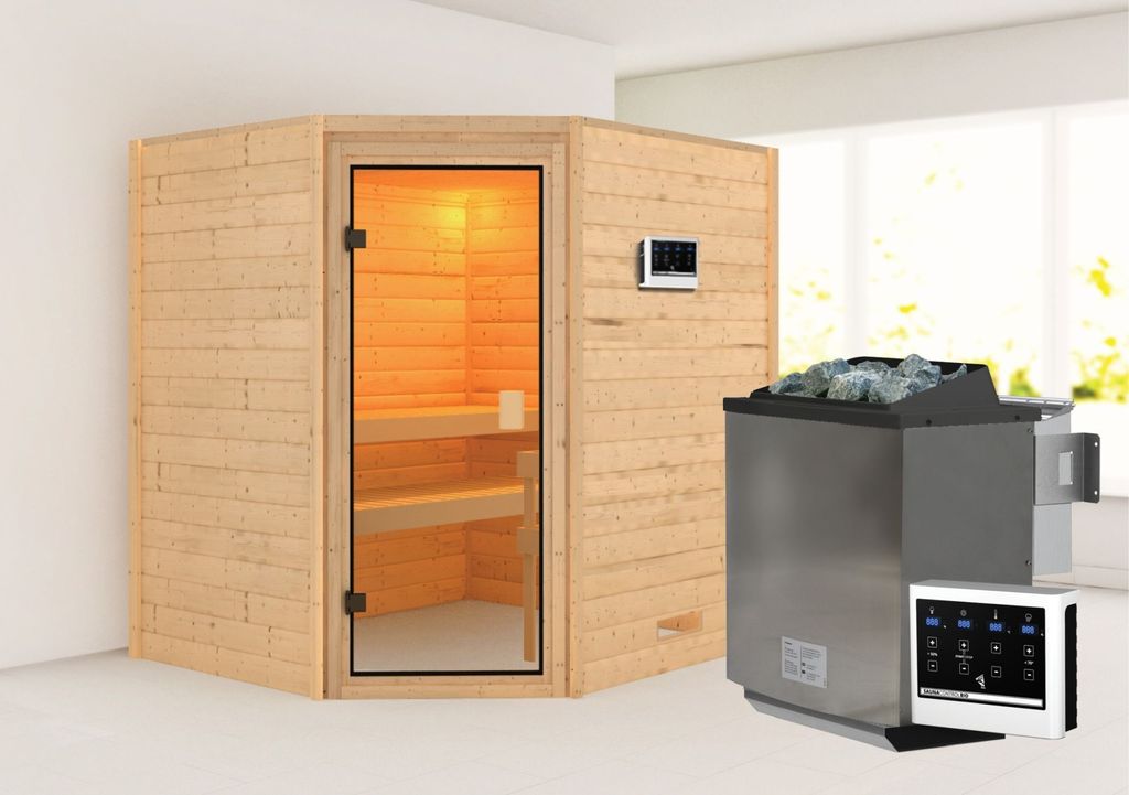 Karibu Sauna Innensauna Mia Eckeinstieg Ofen 9 kW externe Strg easy 196x169x198 cm ohne Dachkranz mit Bronzierter Tür