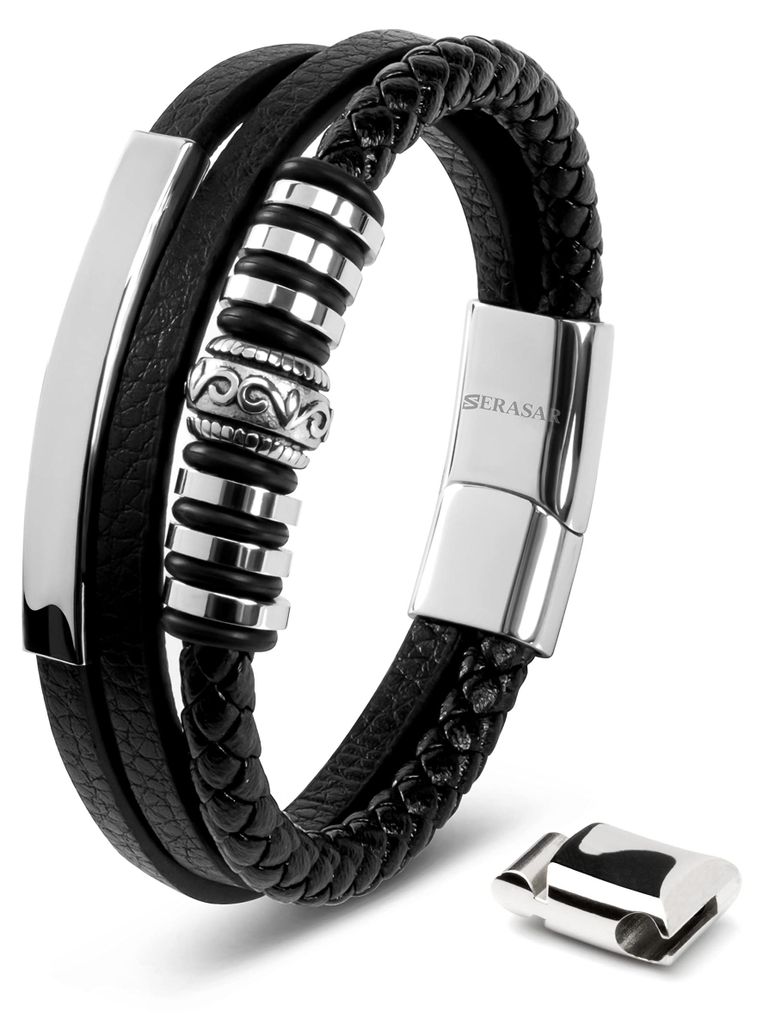 SERASAR Herren Armband 23cm Silber Leder Herrenschmuck Produktbild 