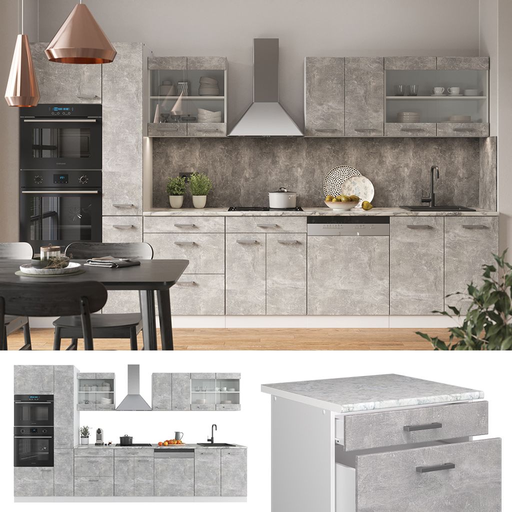 Cuisine Intégrée Vicco R-Line 350 Cm - Blanc Et Anthracite - Kitchenette Complète Neuve