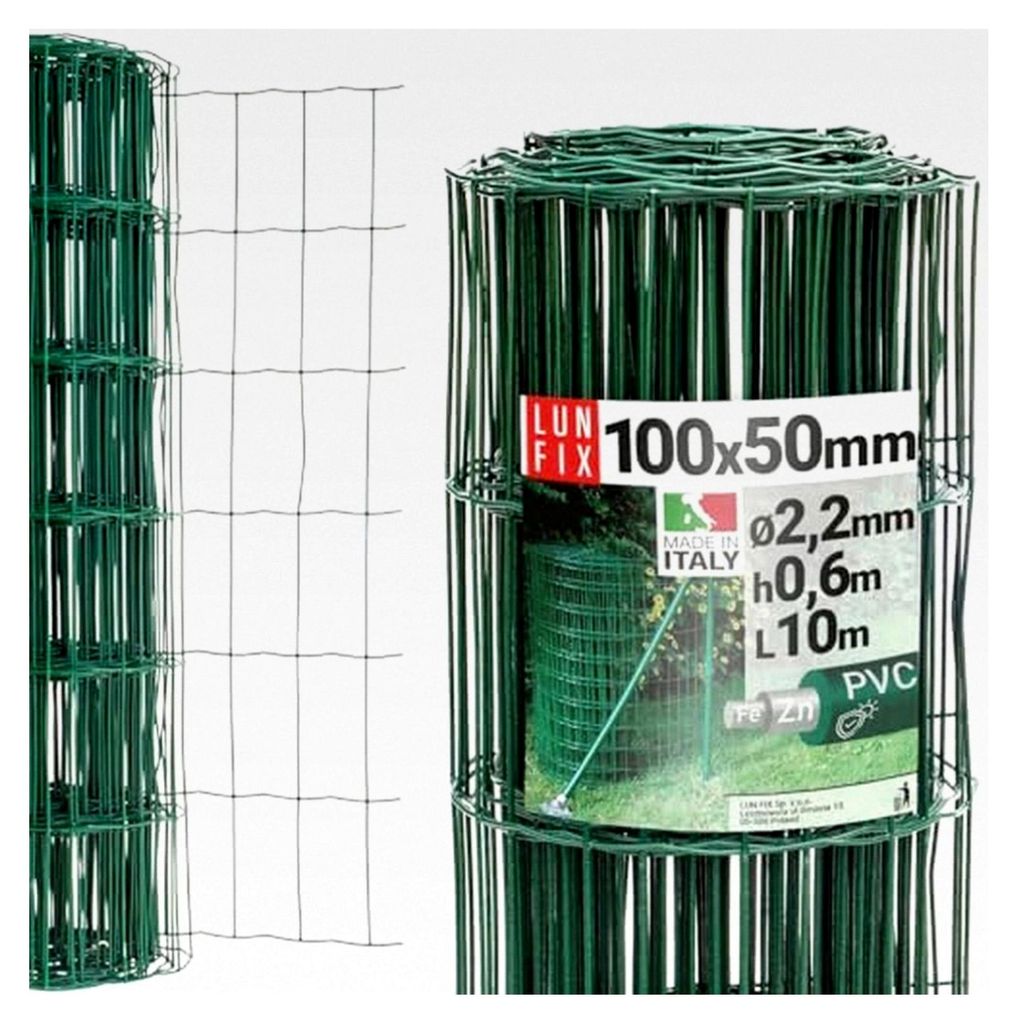 Maschendrahtzaun aus verzinktem Stahl, grün PVC-beschichtet, 100 x 50 mm, Ø 2,2 mm, 60 cm x 10 m, Gartenzaun, Hundezaun, Wildzaun, Hühnerzaun, D...