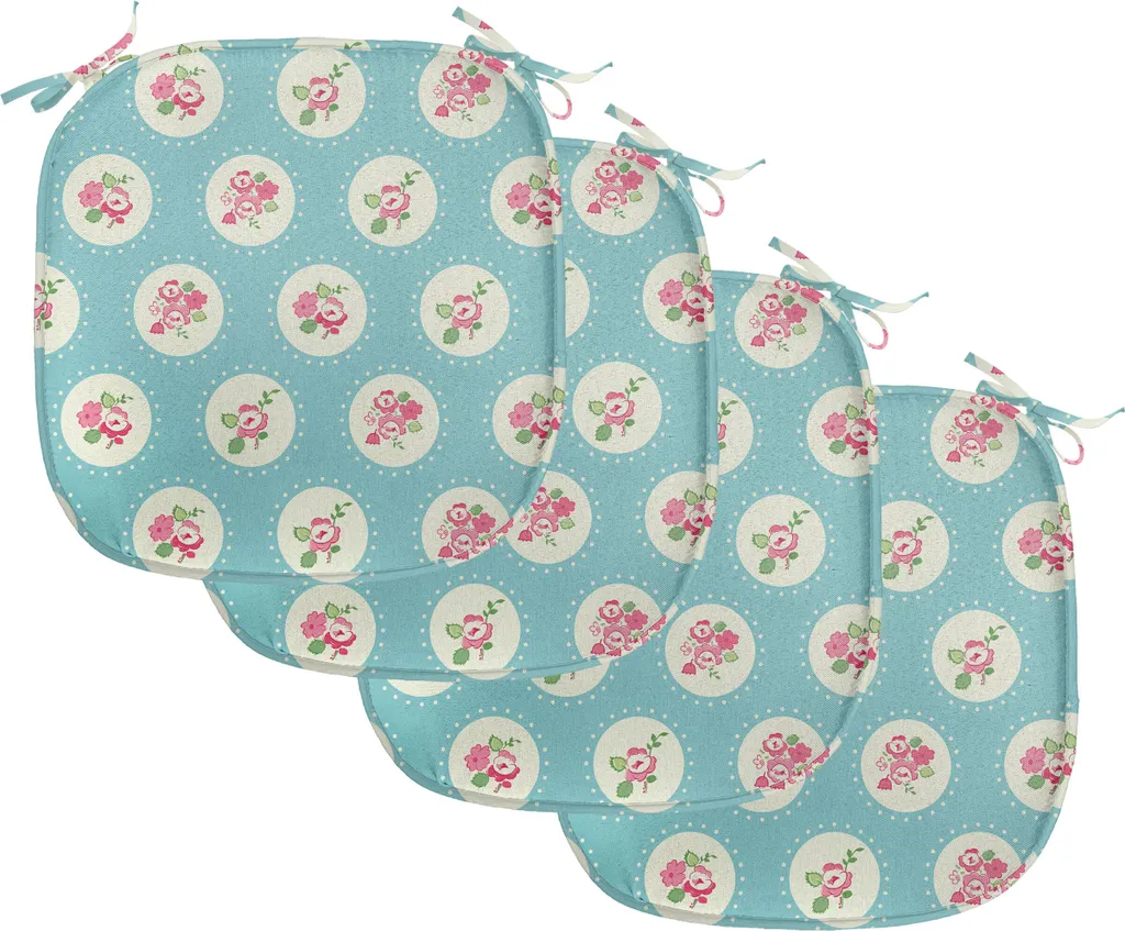 ABAKUHAUS Rivestimenti shabby chic per sedie da sala da pranzo, cerchi e fiori, cuscini decorativi impermeabili con cinturini per sedie da cucina, 40 cm x 40 cm, confezione da 4, verde mela, azzurro, rosa