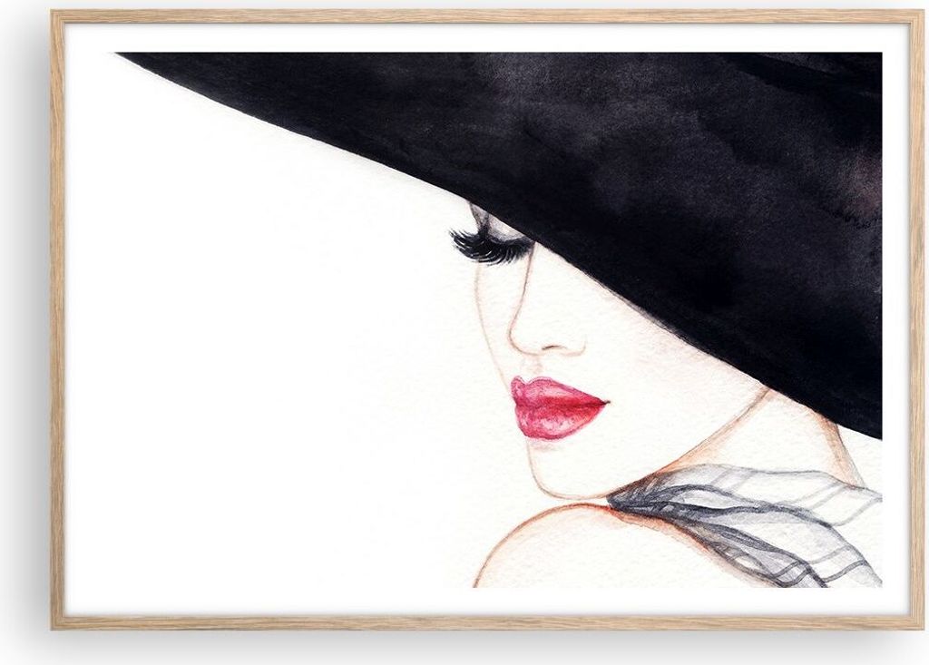 Gerahmtes Poster - Rahmen in heller Eiche - Frau Lippen Hut Eleganz - 100x70 cm - Wand Bild - Wanddeko - Wandbilder - Wandposter - Bilderrahmen - B...